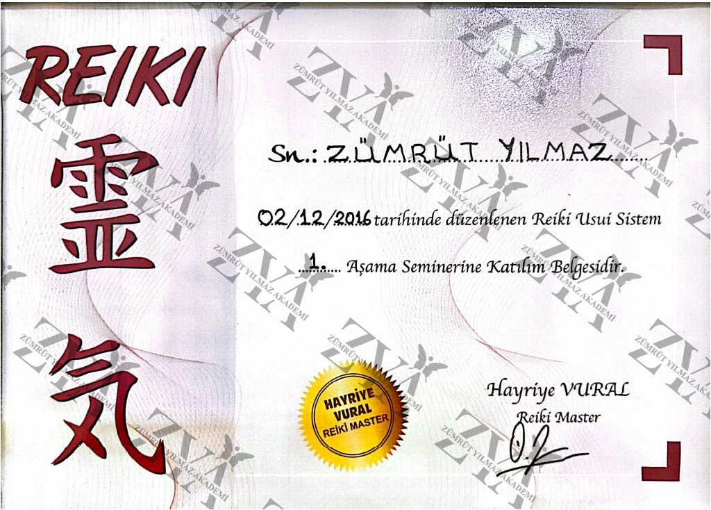 Reiki Semineri Katılım Belgesi