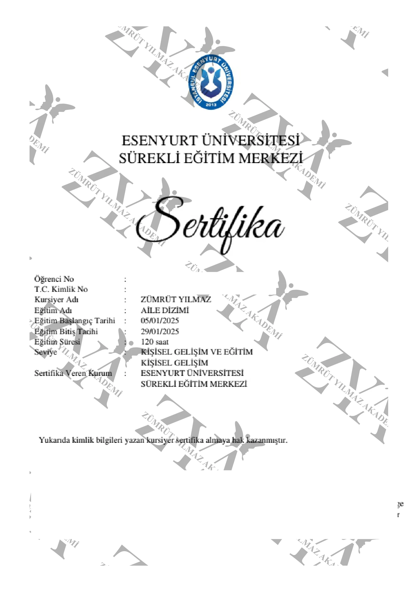 Esenyurt Üniversitesi - Aile Dizimi Eğitimi